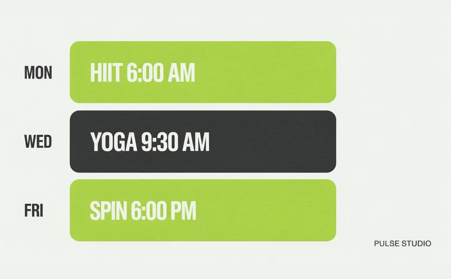 Alternate fitness timetable layout with card-style blocks for each class