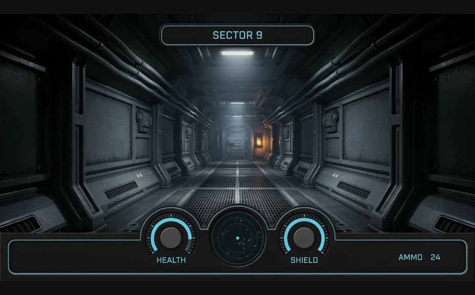 Alternate game HUD mockup option with a centred bottom bar and radial gauges
