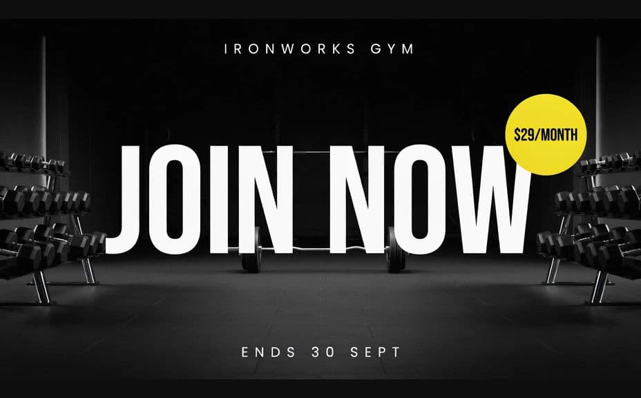 Gym membership offer graphic with a large headline over a weights floor