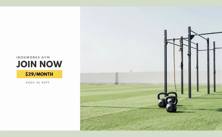 Alternate gym membership offer design with a corner price badge and side headline