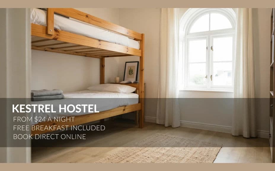 Hostel booking graphic with a full-width bunk room photo and a rate panel over the image