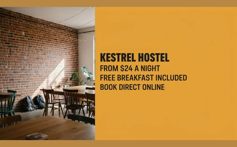 Alternate design for the same hostel offer using a split layout with the rate on a colour block