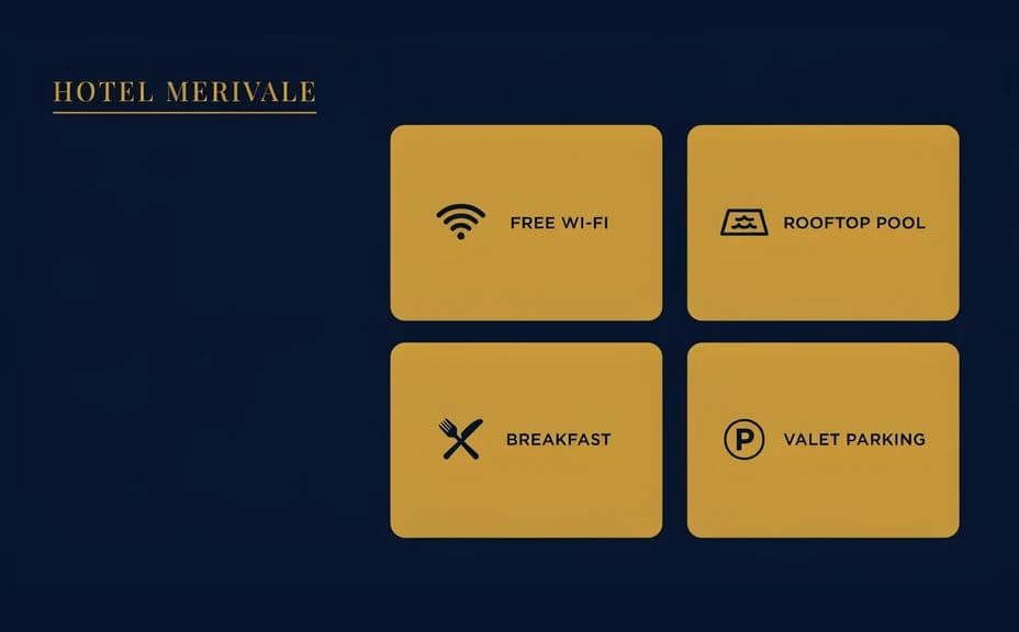 Alternative amenities panel for the same hotel using solid icons in a different arrangement
