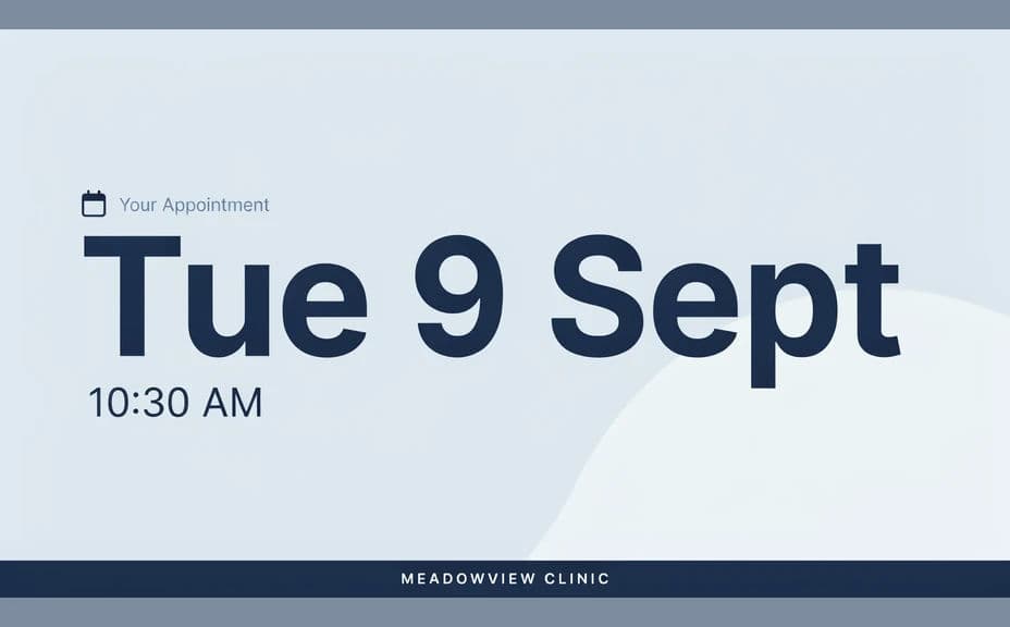 Appointment reminder graphic with the date and time set large above the clinic name