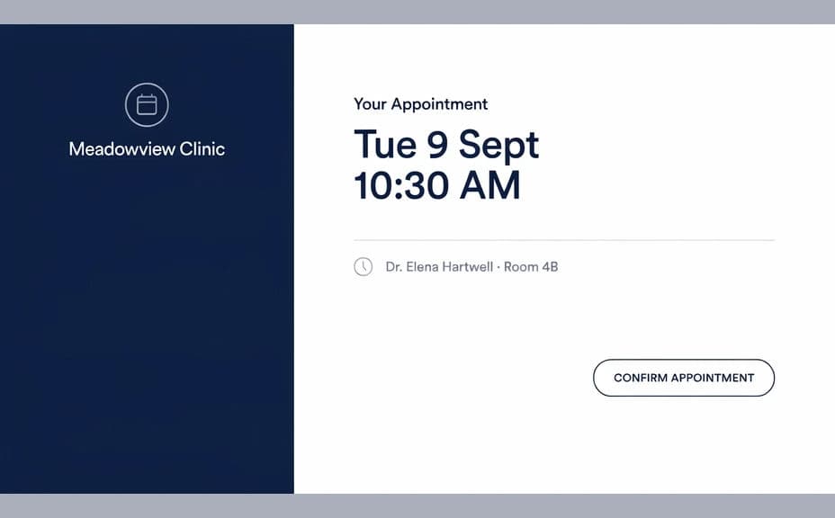 Alternate design of the same appointment reminder with a different layout and colour treatment