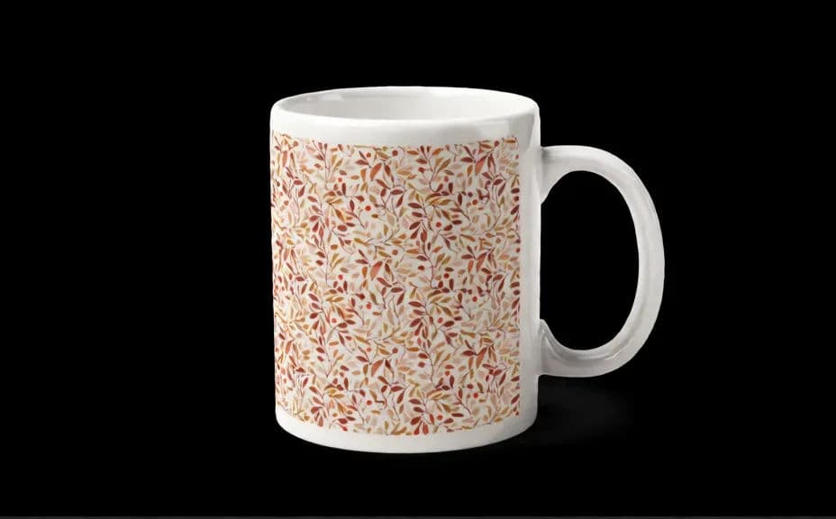 Dense repeating mug pattern in a warm palette