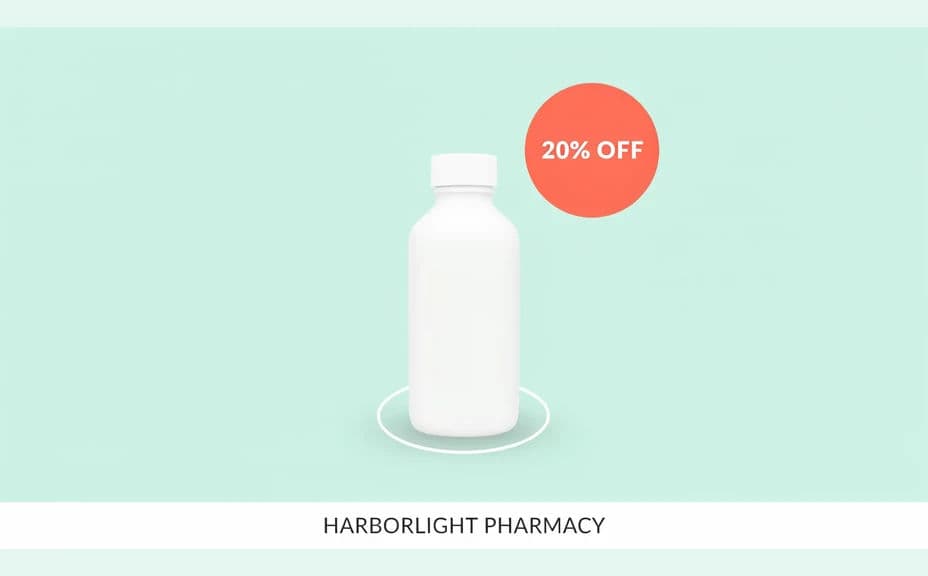 Pharmacy promotion graphic with the product centred under an offer badge
