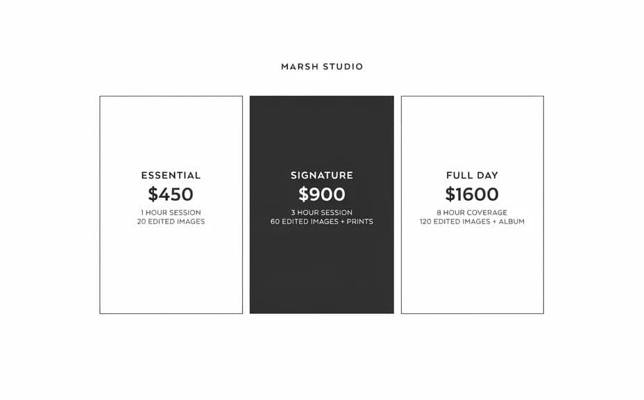 Photography pricing sheet option with three package columns