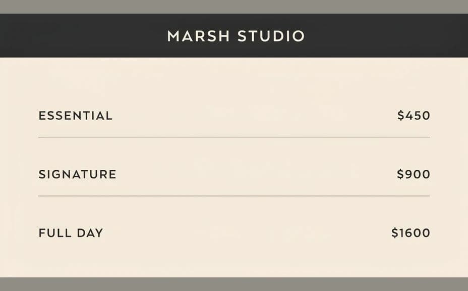 Alternate photography pricing sheet option with stacked package rows
