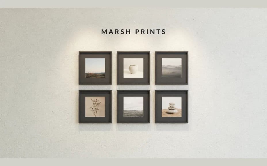 Print shop mockup with a wall of framed prints and signage above