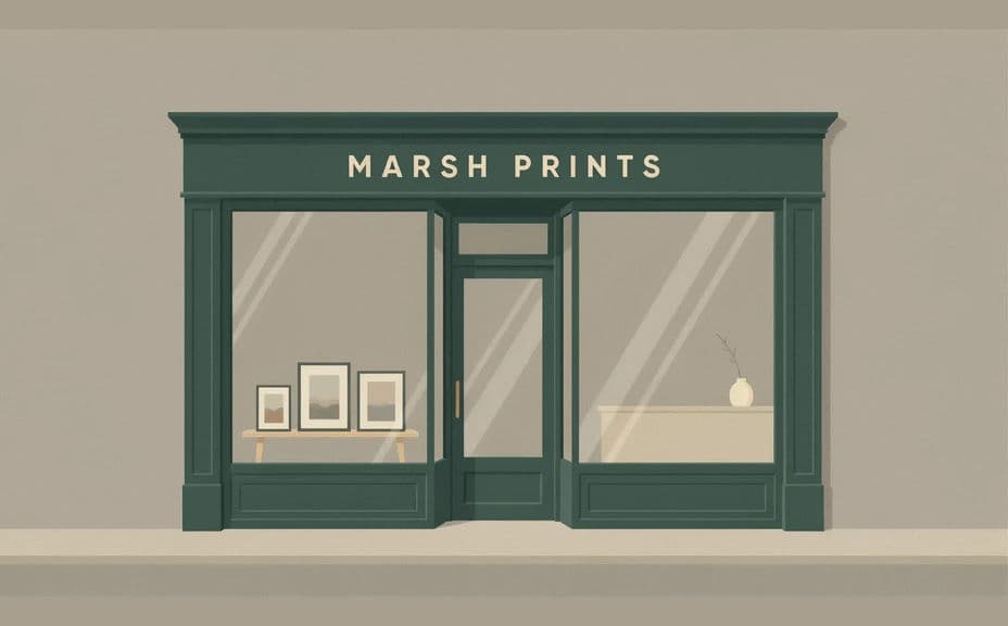 Alternate print shop mockup showing a storefront window and counter display