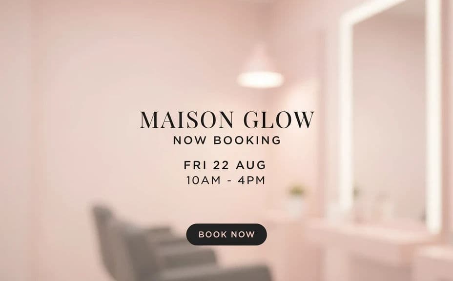 Salon booking graphic with the salon name and appointment details stacked in the centre