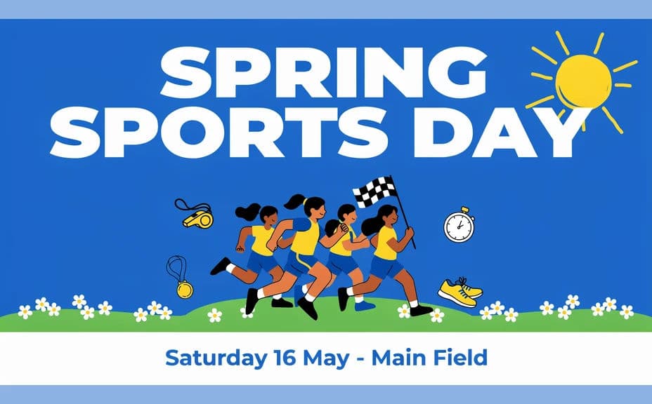 School event poster design with a large centred title above an illustration