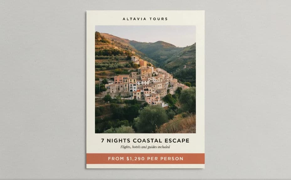 Tour package flyer layout with a full-width destination photo above the itinerary