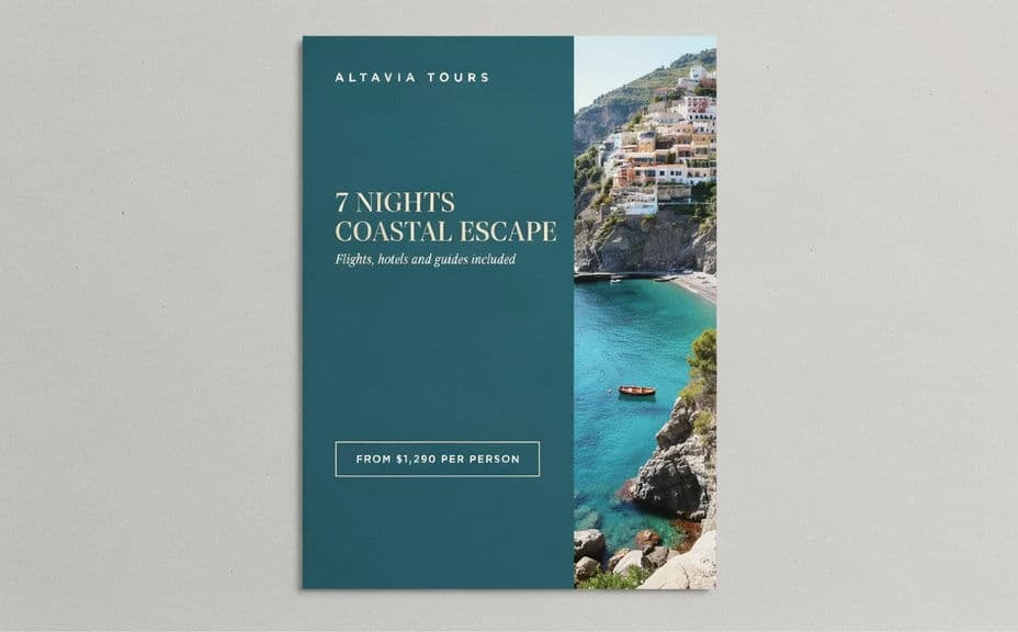 Alternate tour flyer layout with the price panel beside a split destination image