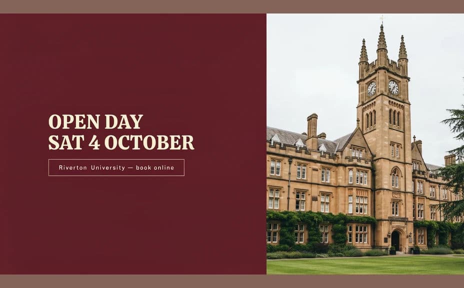 Alternate open day graphic design with the date on a colour panel beside the campus image