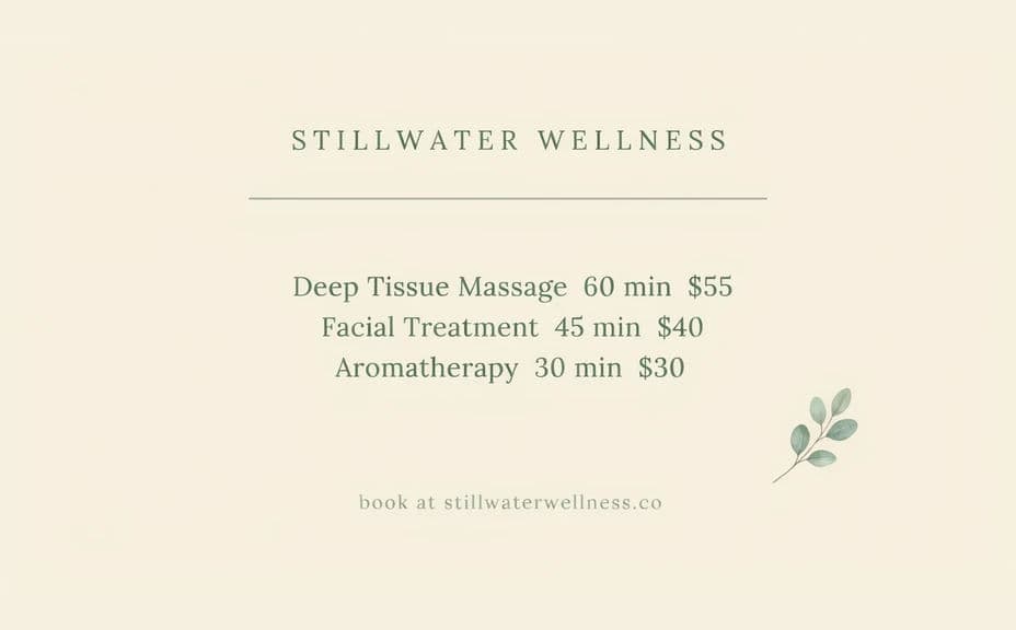 Wellness clinic price list design with treatments stacked in a single column