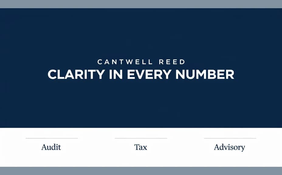 Accounting firm brochure layout with a large headline over a deep blue panel