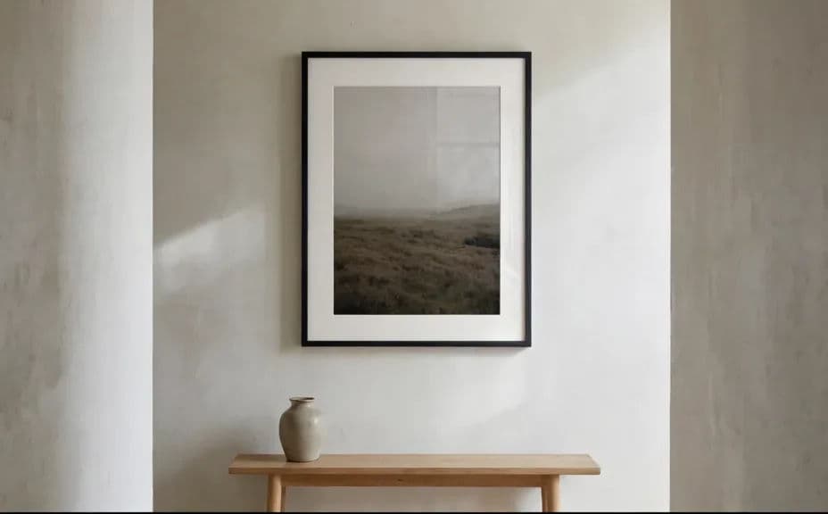 Framed print in a bright minimal interior with pale walls