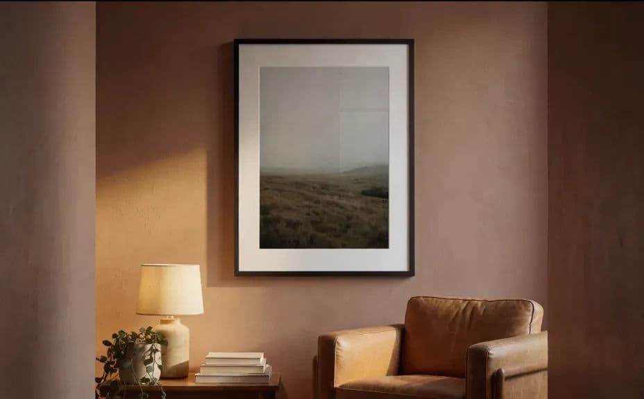 Framed print in a warm styled living room with wooden furniture