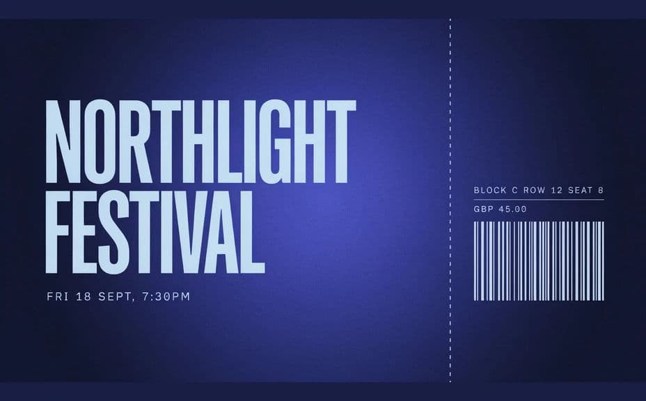 Event ticket design with the event name, date, seat, and price and a tear-off stub
