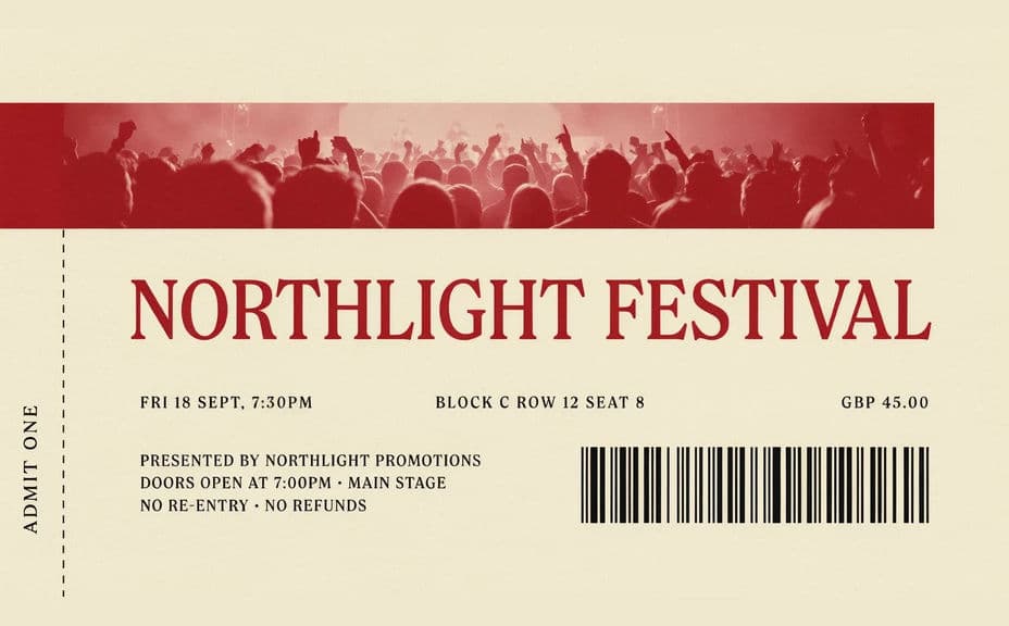 Alternate event ticket design with the same details in a different layout