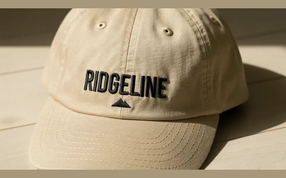 Alternate cap mockup with dark thread embroidery on a light panel