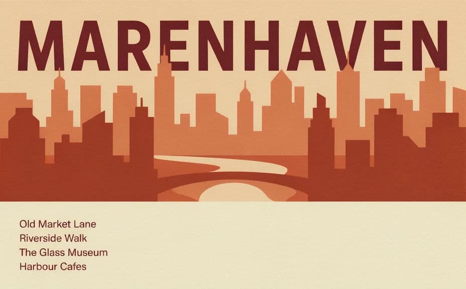 City guide graphic with a full-bleed skyline illustration and the city name across the top