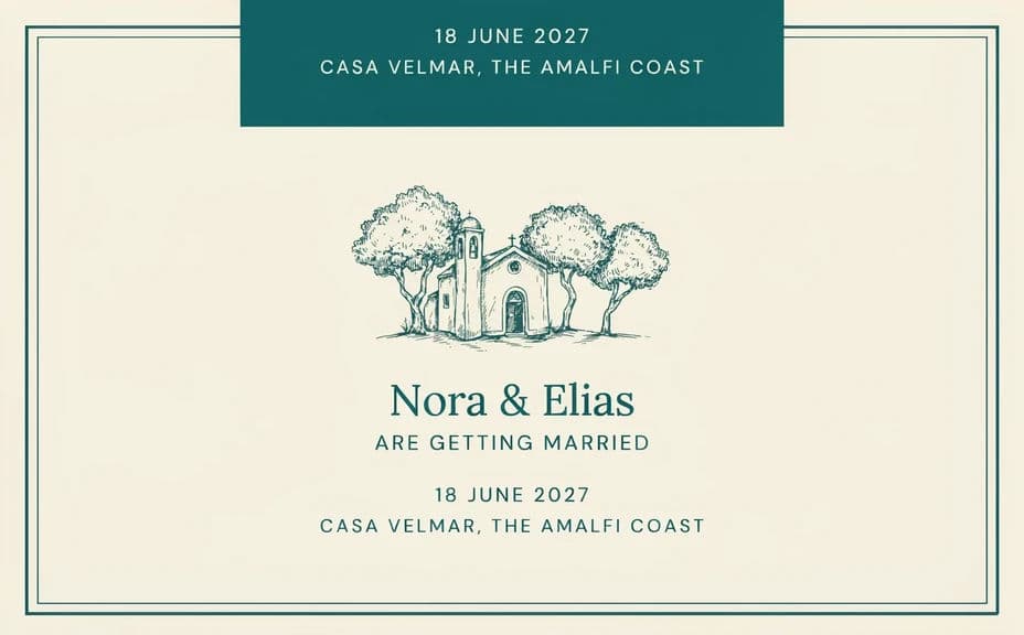 Alternate design for the same wedding using a bordered frame with the venue illustration above the text block