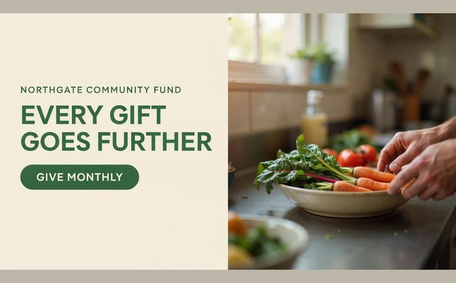 Donation appeal image with the headline and a give monthly button beside a kitchen photo