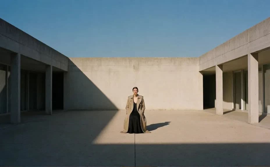 Wide fashion campaign frame with the styled outfit set in its environment