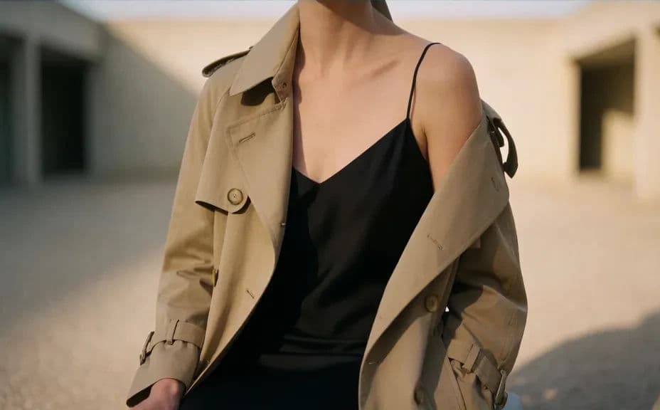 Closer fashion campaign frame of the same styling with a tighter crop