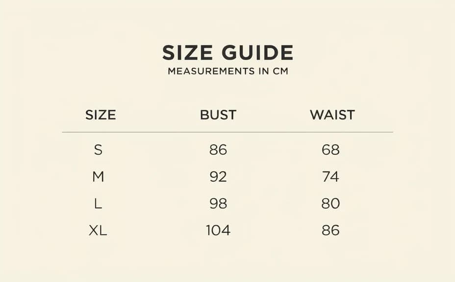 Size guide graphic laid out as a full-width measurement table