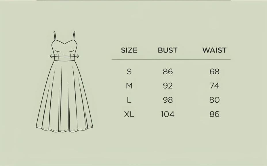 Size guide graphic with a garment diagram beside a compact measurement table
