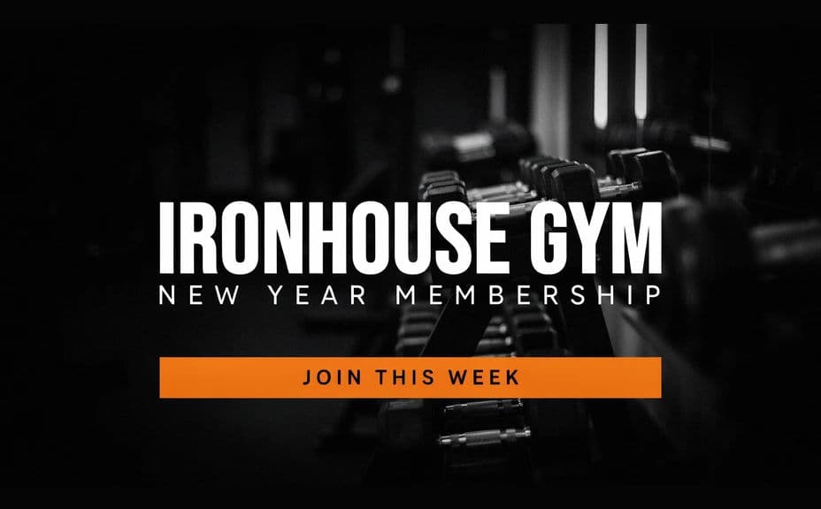 Gym promotion poster with a stacked headline over a weight room photo