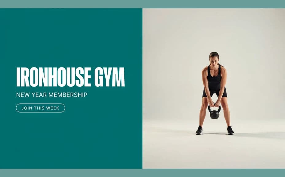 Alternate gym promotion poster with a side offer panel and bold colour block