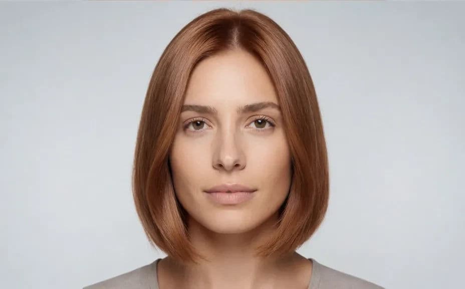 The same woman in the same frame with a warm copper hair colour applied