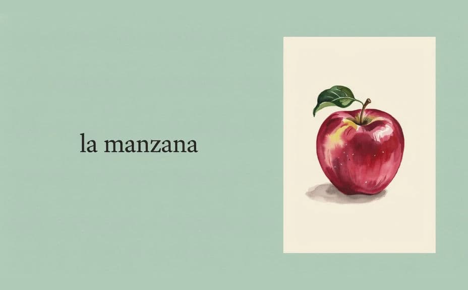 Alternate flashcard design with the word set on a flat mint background beside a framed illustration