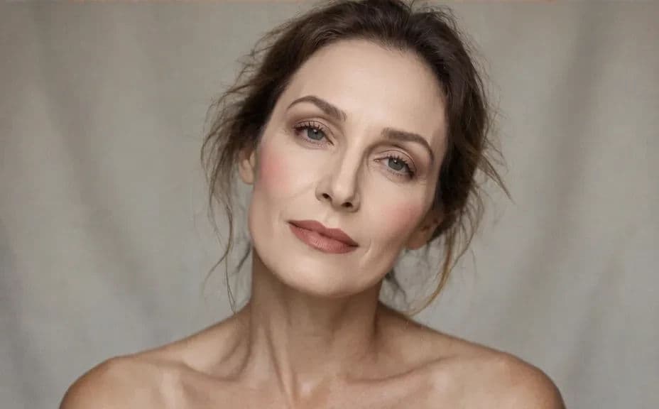 The same woman in the same frame with a finished makeup look applied
