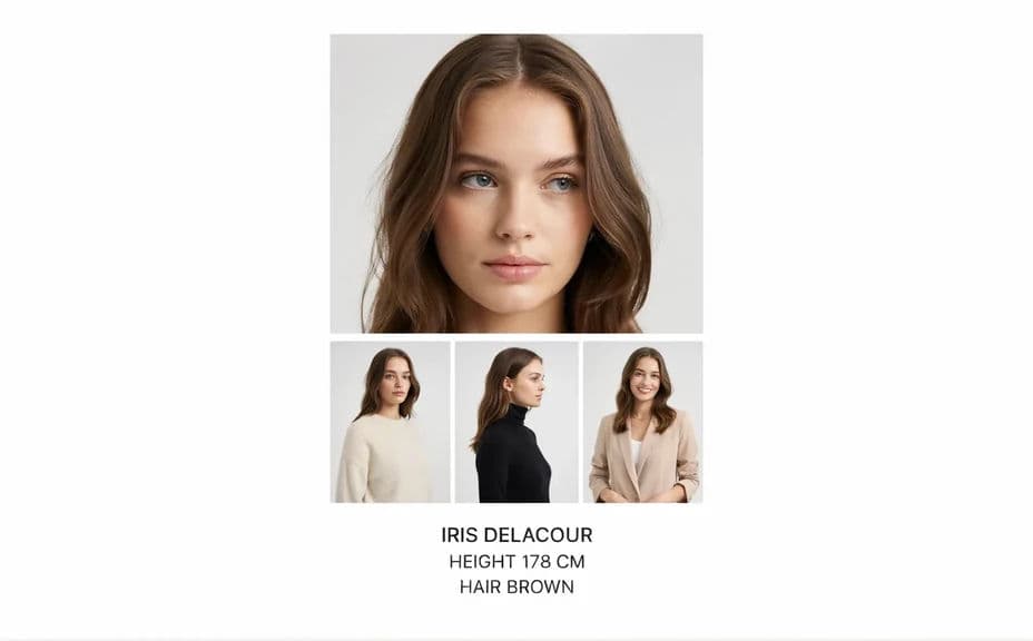 Comp card layout with one large lead headshot above a strip of smaller looks