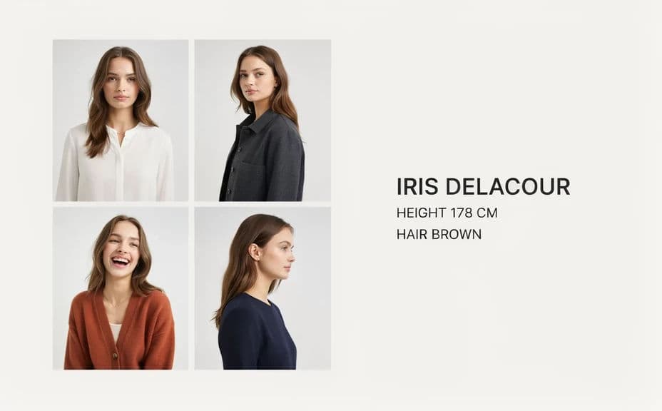 Comp card layout with an even four-panel grid of looks and a side name block