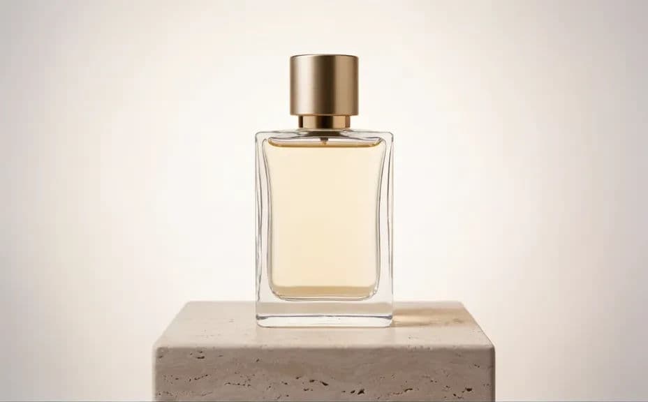 Perfume bottle lit softly on a pale stone surface