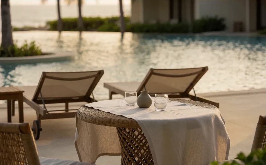 Closer resort shot of a terrace table and loungers in the same warm light