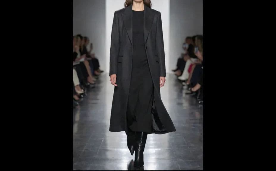 Full-length straight-on runway shot of a styled outfit under show lighting