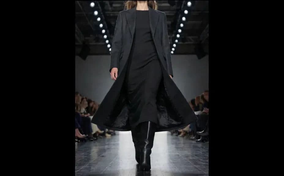 Low-angle runway shot of the same outfit walking toward the camera