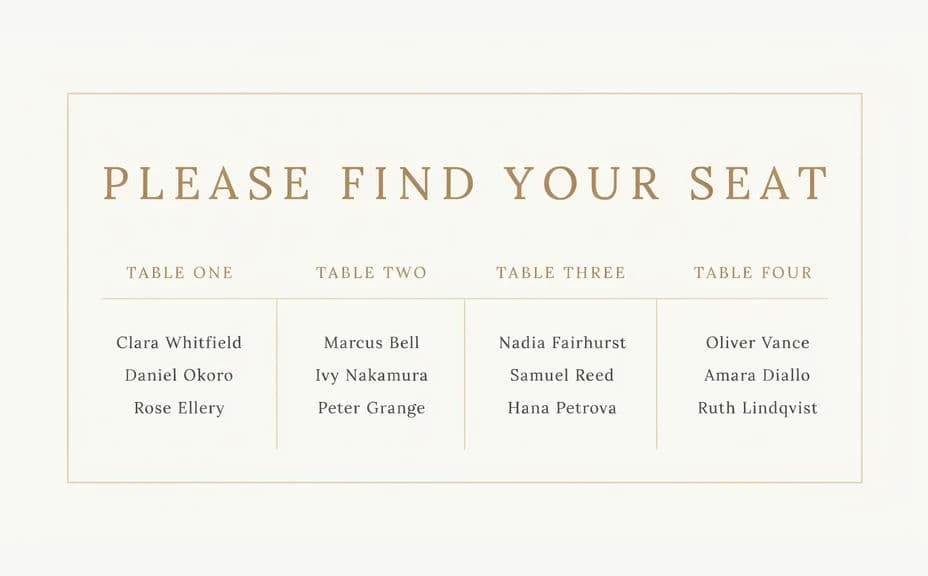 Seating chart graphic with table names and guest lists arranged in columns