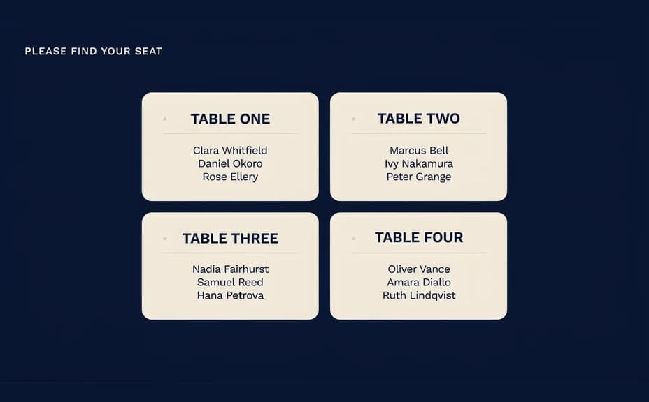 Alternate seating chart with the same table names and guests in a card grid