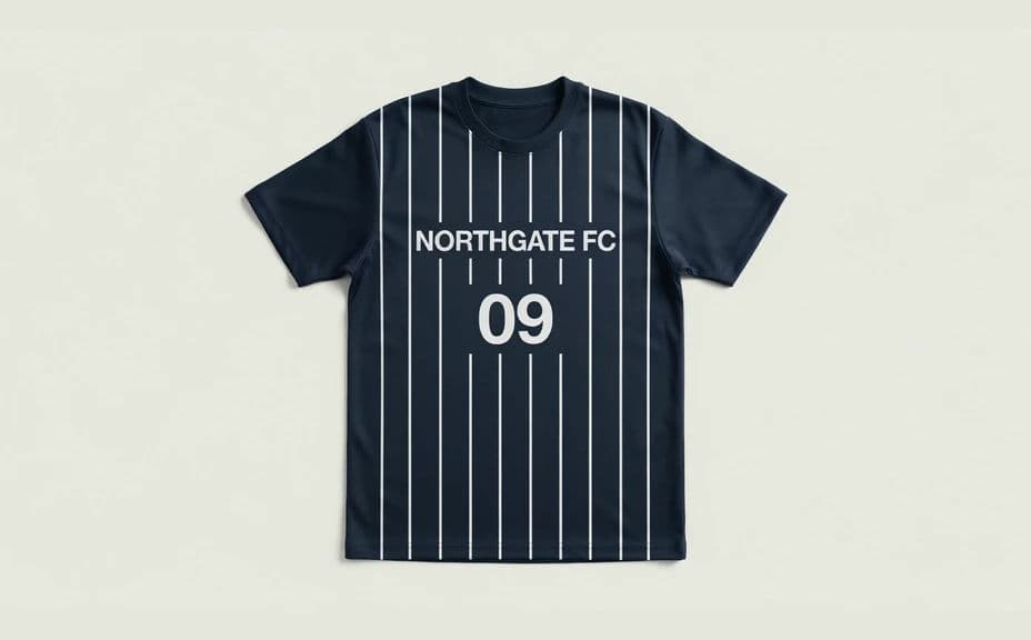 Sports jersey mockup with vertical stripes, club name, and a large number