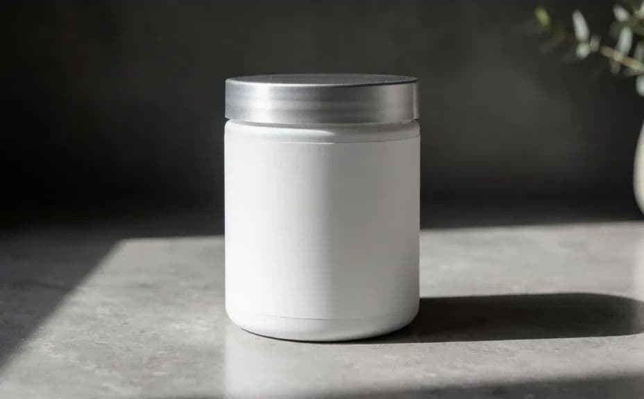 Supplement tub on a stone surface with directional light and a defined shadow