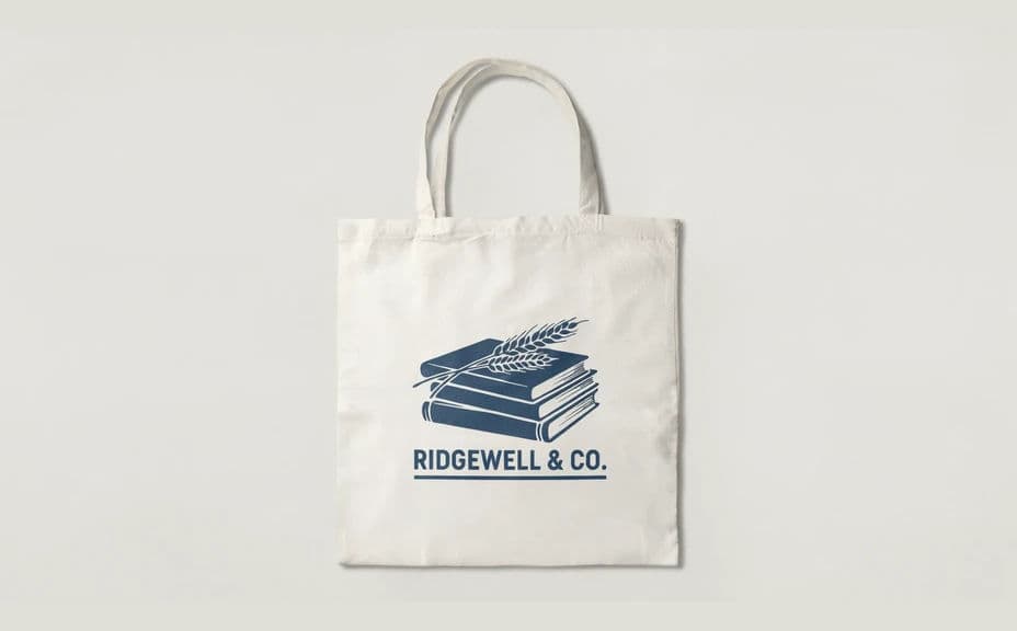 Tote bag laid flat, printed with a stacked-books graphic above the wordmark